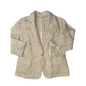 CHICOS 100% Linen Stripe 3/4 Sleeve Blazer Jacket Womens Chico Size 1 US 8 Beige